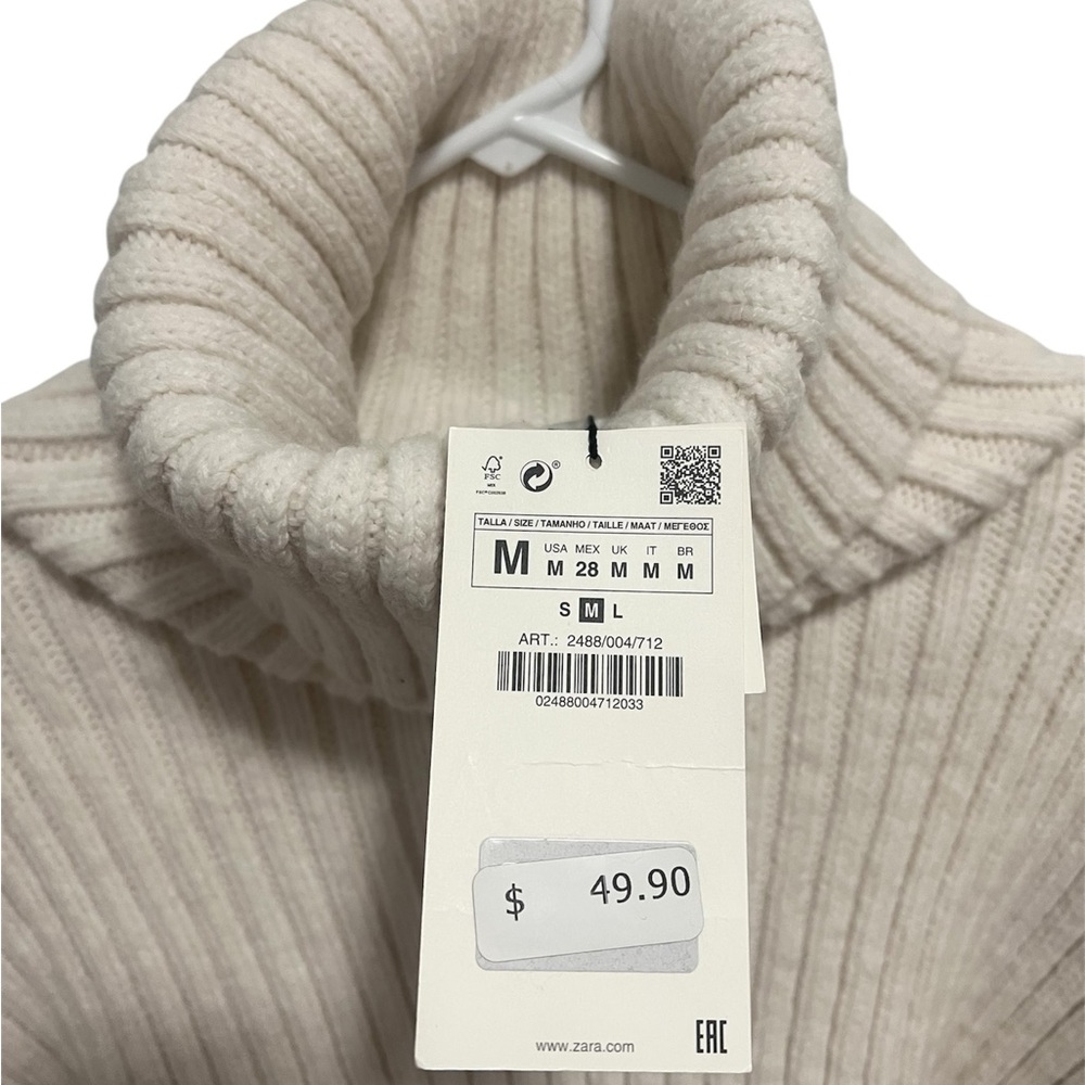 Zara Off White/Cream Cropped Ribbed Turtleneck Long sleeves Knit Sweater; Size M - Picture 5 of 6